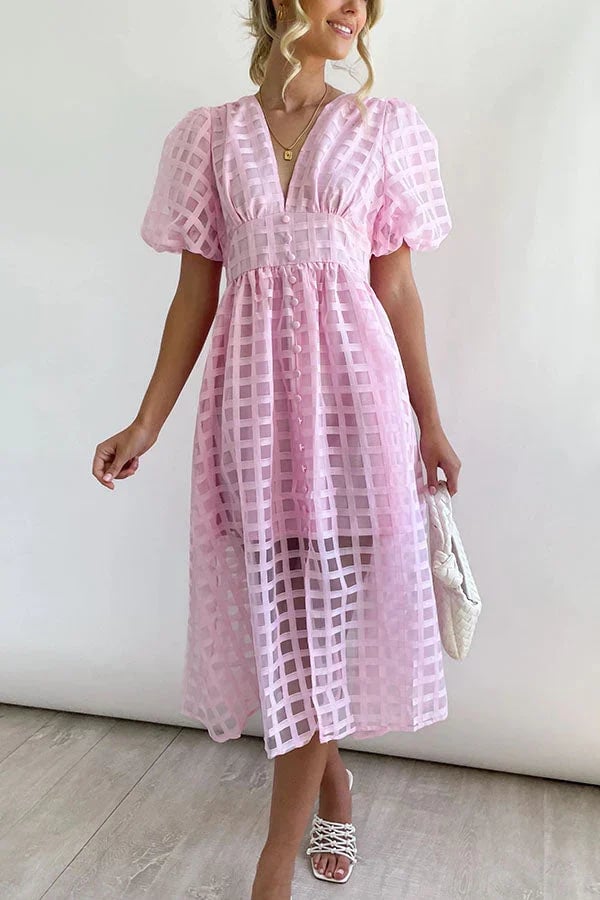 Beauty Square Patterned Fabric Puff Sleeve Midi Dress-Comfort & Reliable