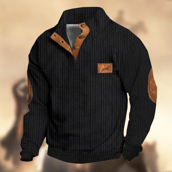Men's Western Retro Hunting Elk Knit Fabric Print Stand Collar Sweatshirt-Comfort & Reliable
