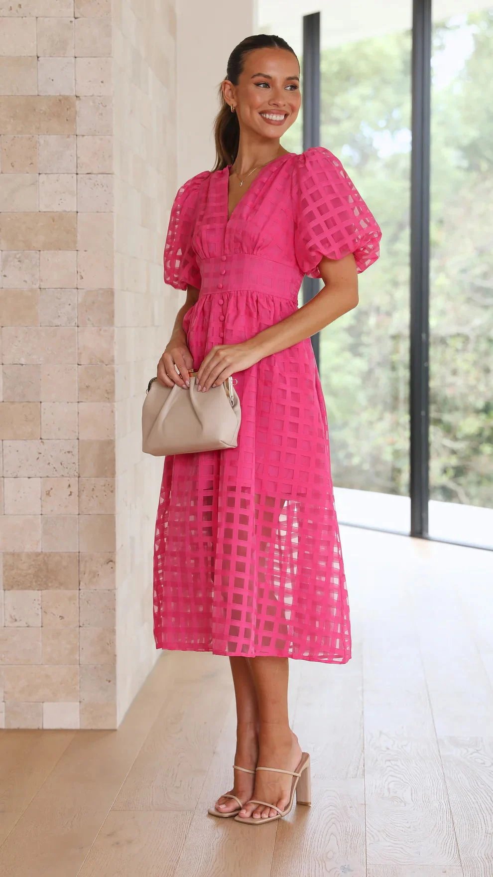 Beauty Square Patterned Fabric Puff Sleeve Midi Dress-Comfort & Reliable