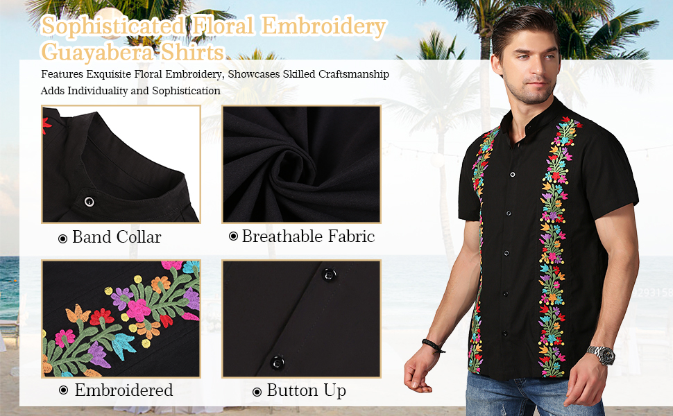 Sophisticated Floral Embroidery Guayabera-Shirts