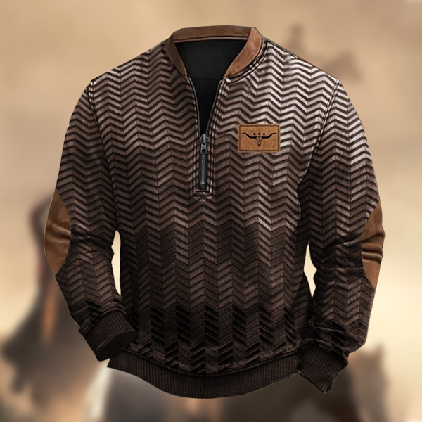 Men's Vintage Country Western Longhorn Print Zipper Stand Collar Casual Sweatshirt-Comfort & Reliable