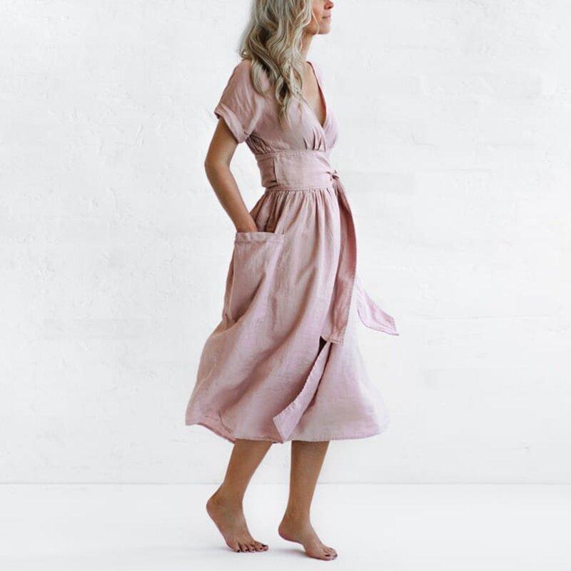 Women's Fashion V Neck Belt High Waist Short Sleeves Cotton- Linen Dress-Comfort & Reliable