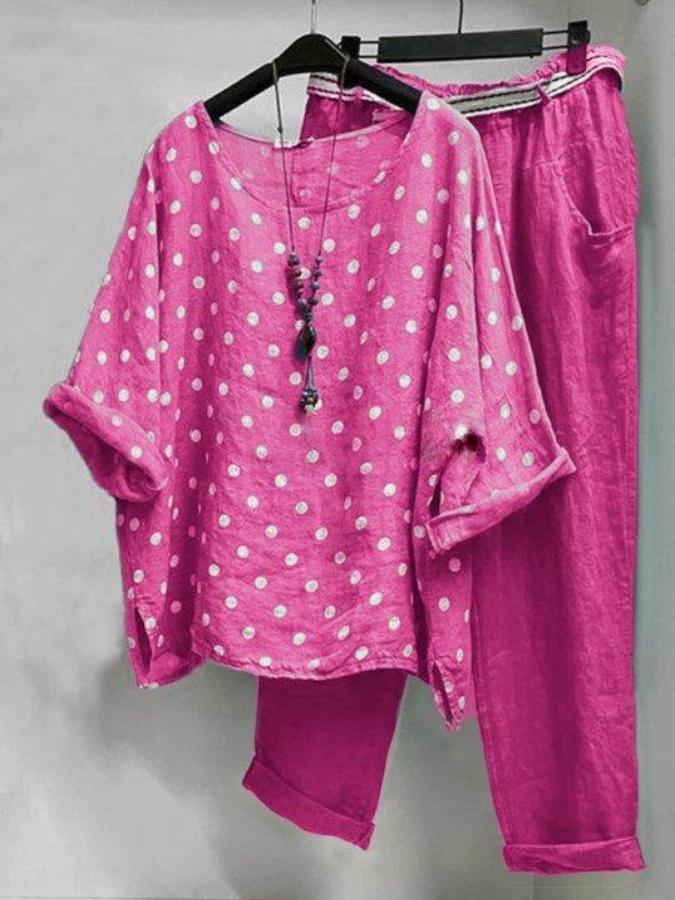 Women's Polka Dots Printed Cotton And Linen Two Pieces Suit-Comfort & Reliable