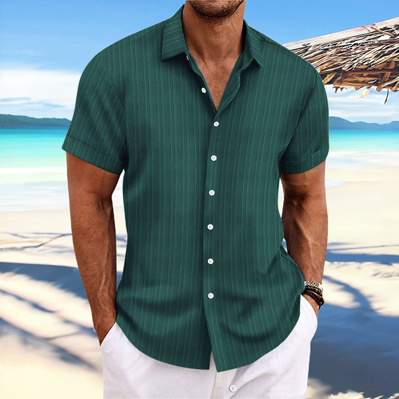 Men's cotton and linen striped jacquard casual loose short-sleeved shirt-Comfort & Reliable