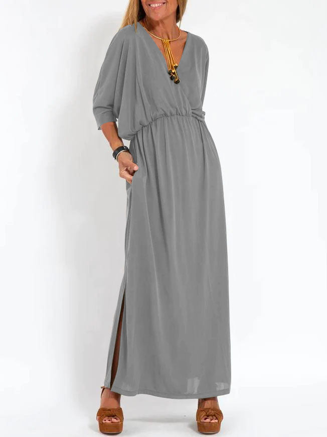 Women's Casual Solid Color V Neck Slit Dress-Comfort & Reliable