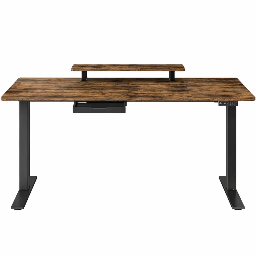 Bureau Électrique Réglable, 160x80 cm, Support Écran Flexible, Tiroir USB-C, Rappel Sédentarité, Télétravail, Marron Rustique