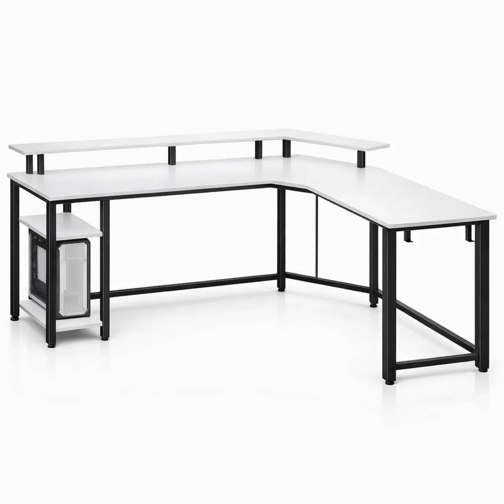 Bureau d'angle en L avec LED et ports USB, table d'ordinateur avec rangement