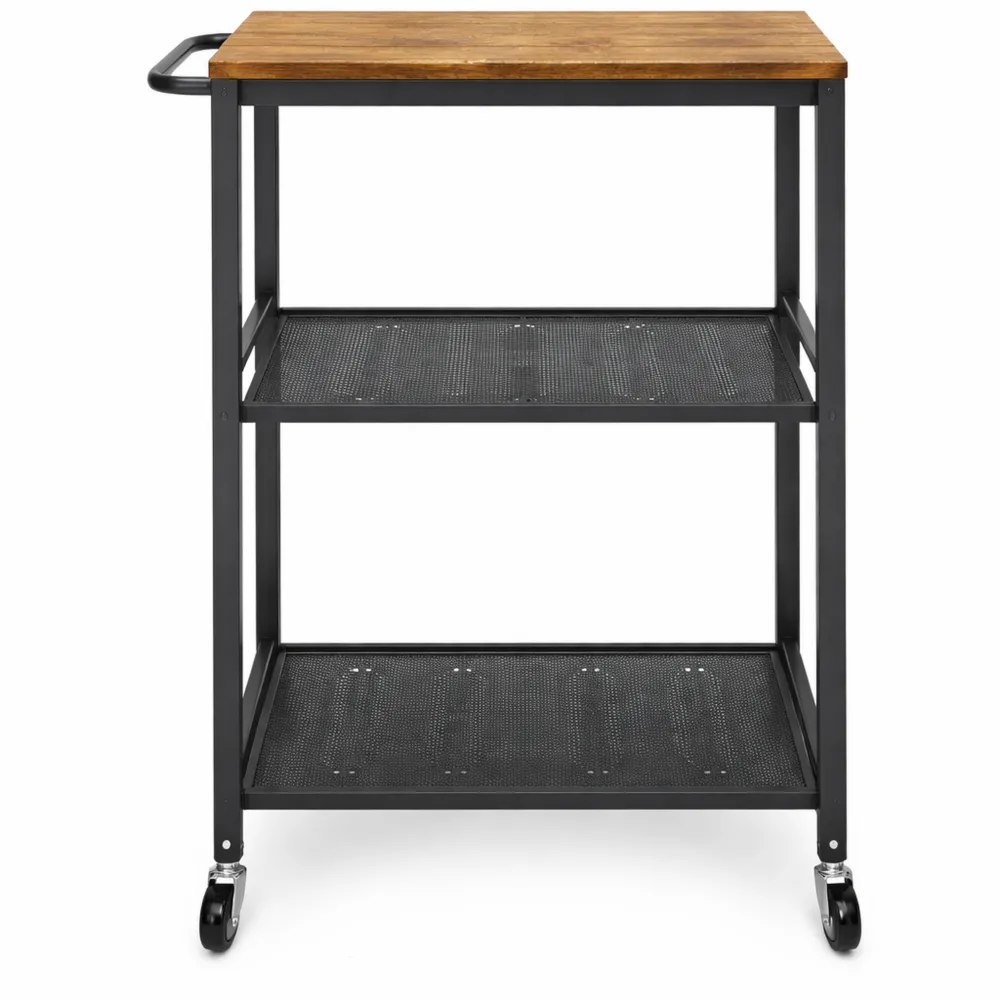 Chariot de Rangement à 3 Niveaux avec Roues et Poignée, Style Industriel, Étagère de Cuisine en Métal et Bois