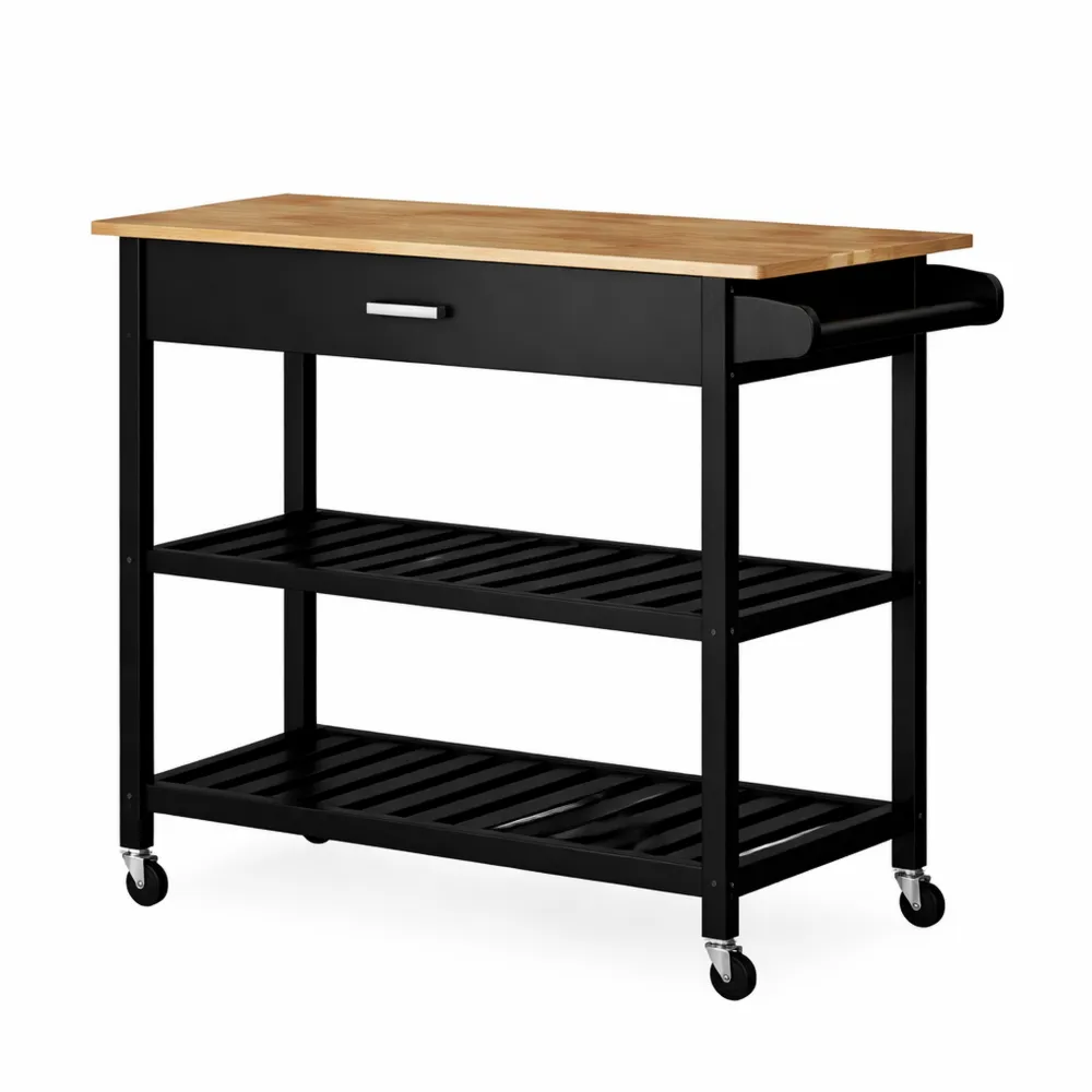Chariot de Cuisine avec Roulettes, Plan de Travail Hévéa, Noir