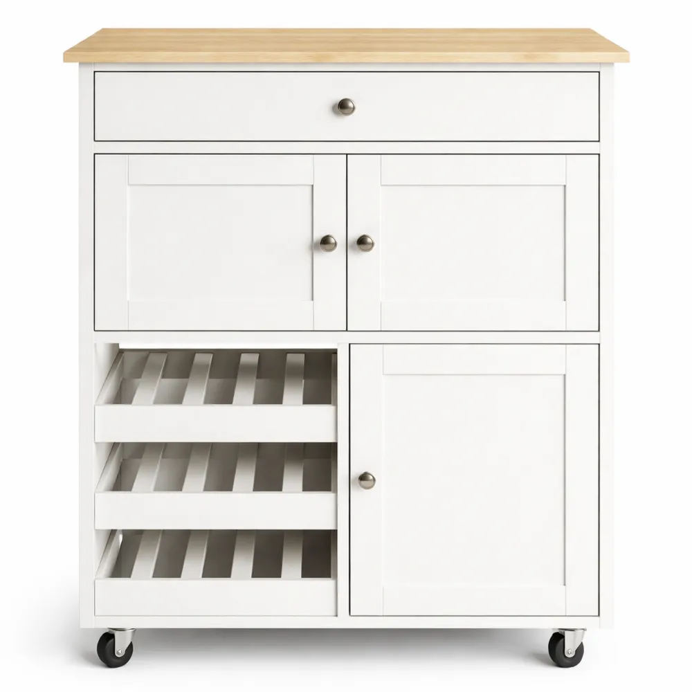 Chariot de Cuisine Mobile avec Plateau en Bois et Rangement Intégré