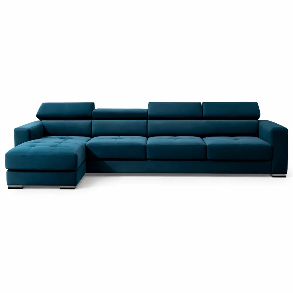 Canapé d'angle lit fonctionnel avec rangement, style glamour, couleur bleue
