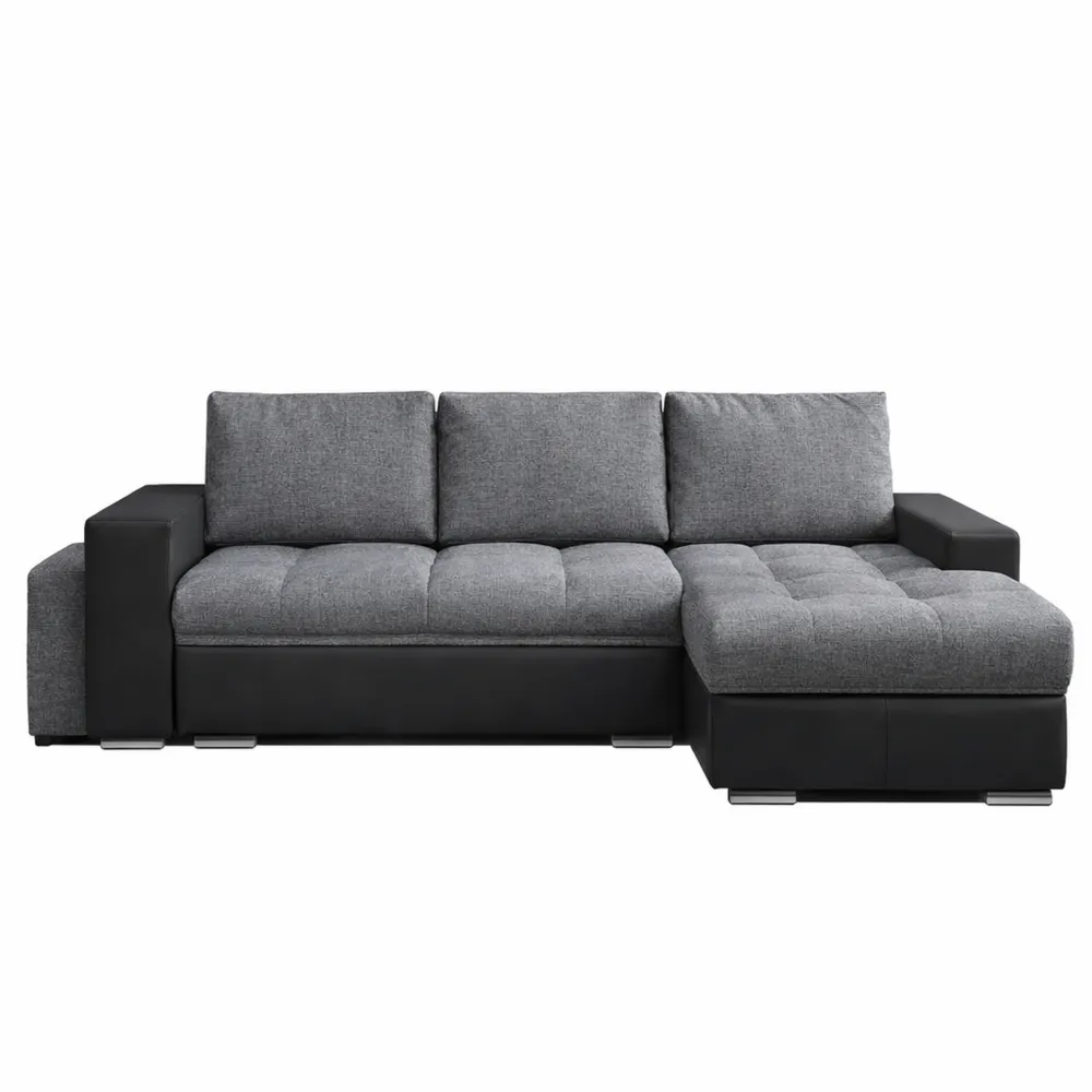 Canapé d'angle convertible et réversible avec coffre - Simili cuir noir et tissu gris - 3 places et 2 poufs