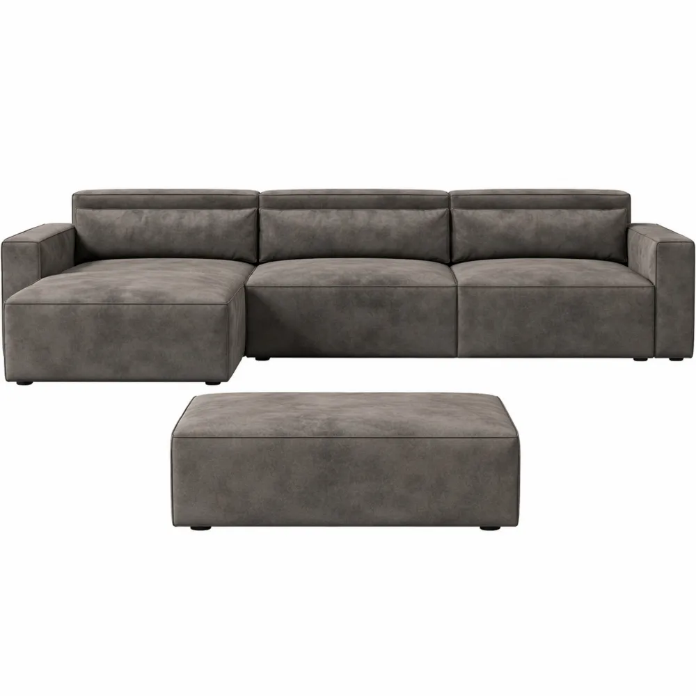 Grand canapé d'angle en microfibre marron kaki avec tabouret