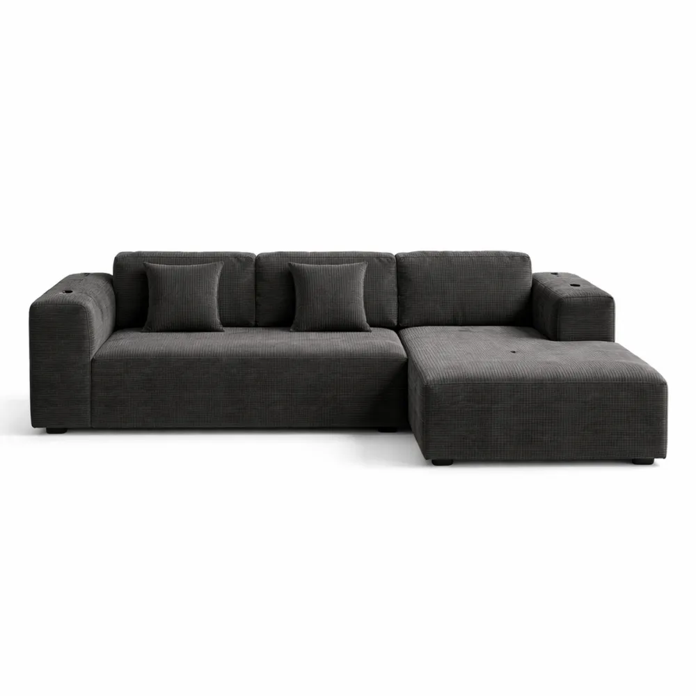 Canapé d'angle en velours côtelé avec rangement et porte-tasse