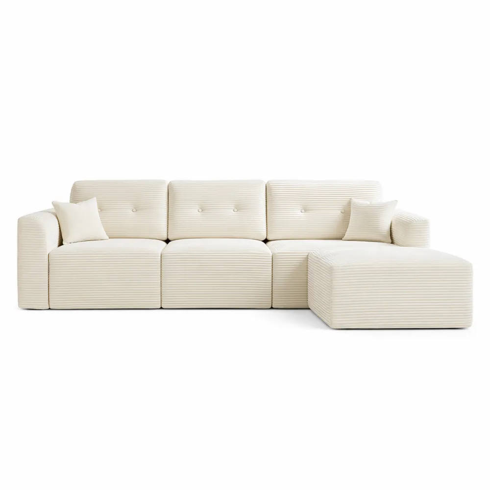 Canapé d'angle modulable avec méridienne à droite, couleur blanche crème, idéal pour salon ou chambre d'amis