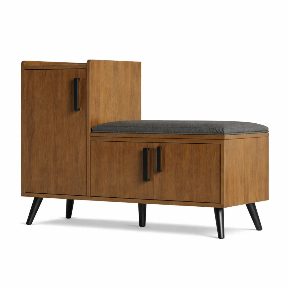 Banc de rangement moderne avec portes et poignées métalliques