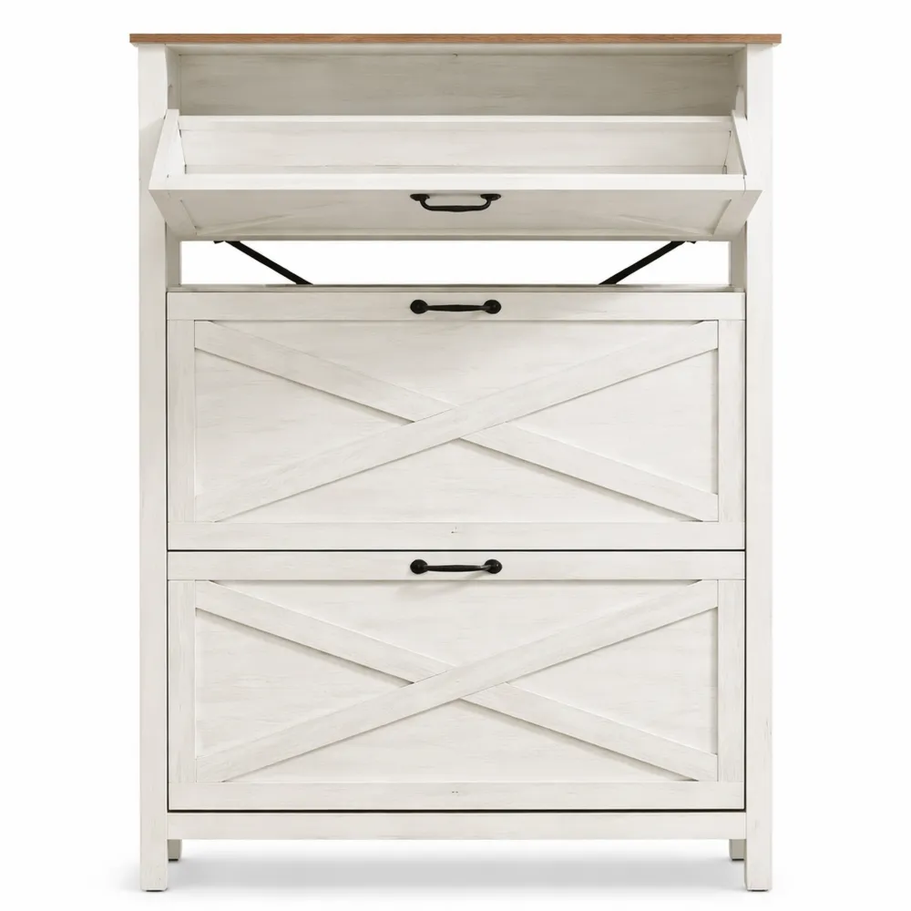 Meuble à chaussures 3 abattants, rangement étroit pour entrée, style campagne, capacité 18-24 paires, blanc rustique