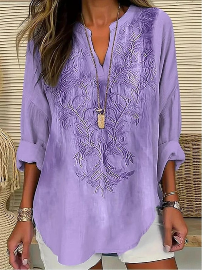 Summer Small V-neck Long-sleeved Floral Print Simple Casual Elegant T-shirt