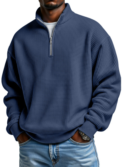 Men's Daily Loose And Simple Waffle Half-zip Stand Collar Long-sleeved