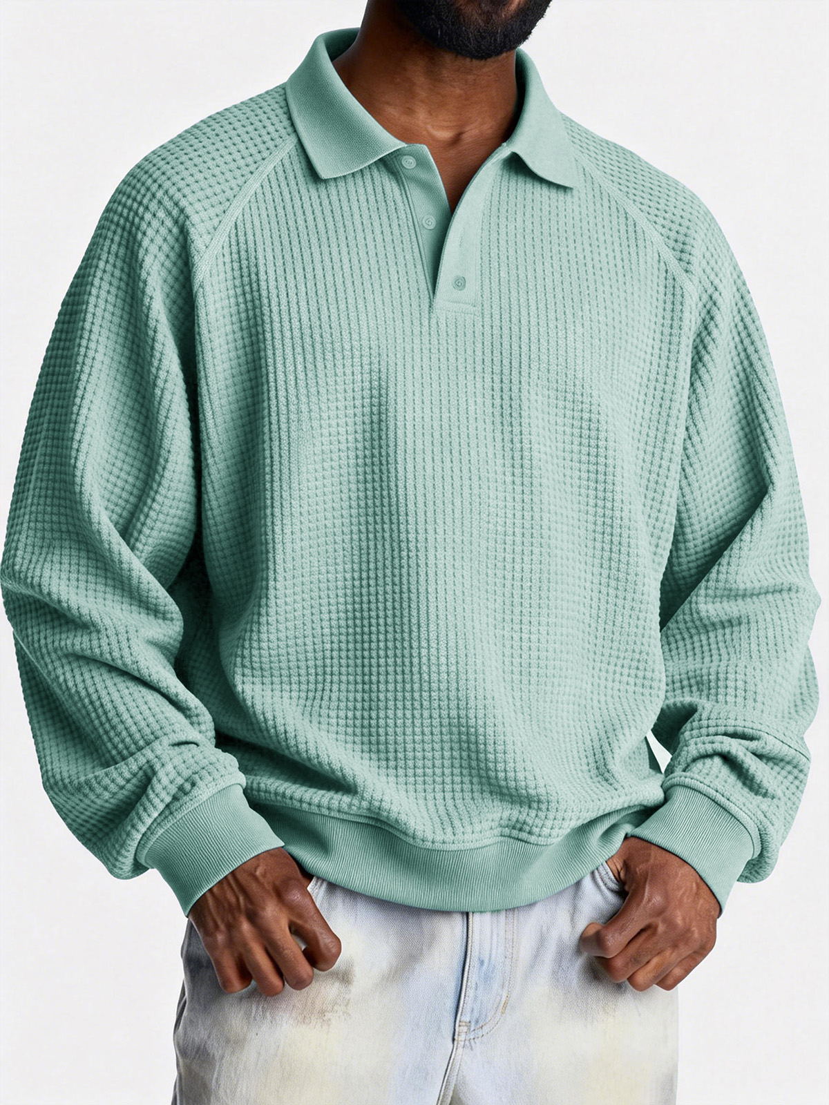 Modisches, lässiges Poloshirt für Herren aus Waffelgewebe mit Raglanärmeln und lockerem Kragen