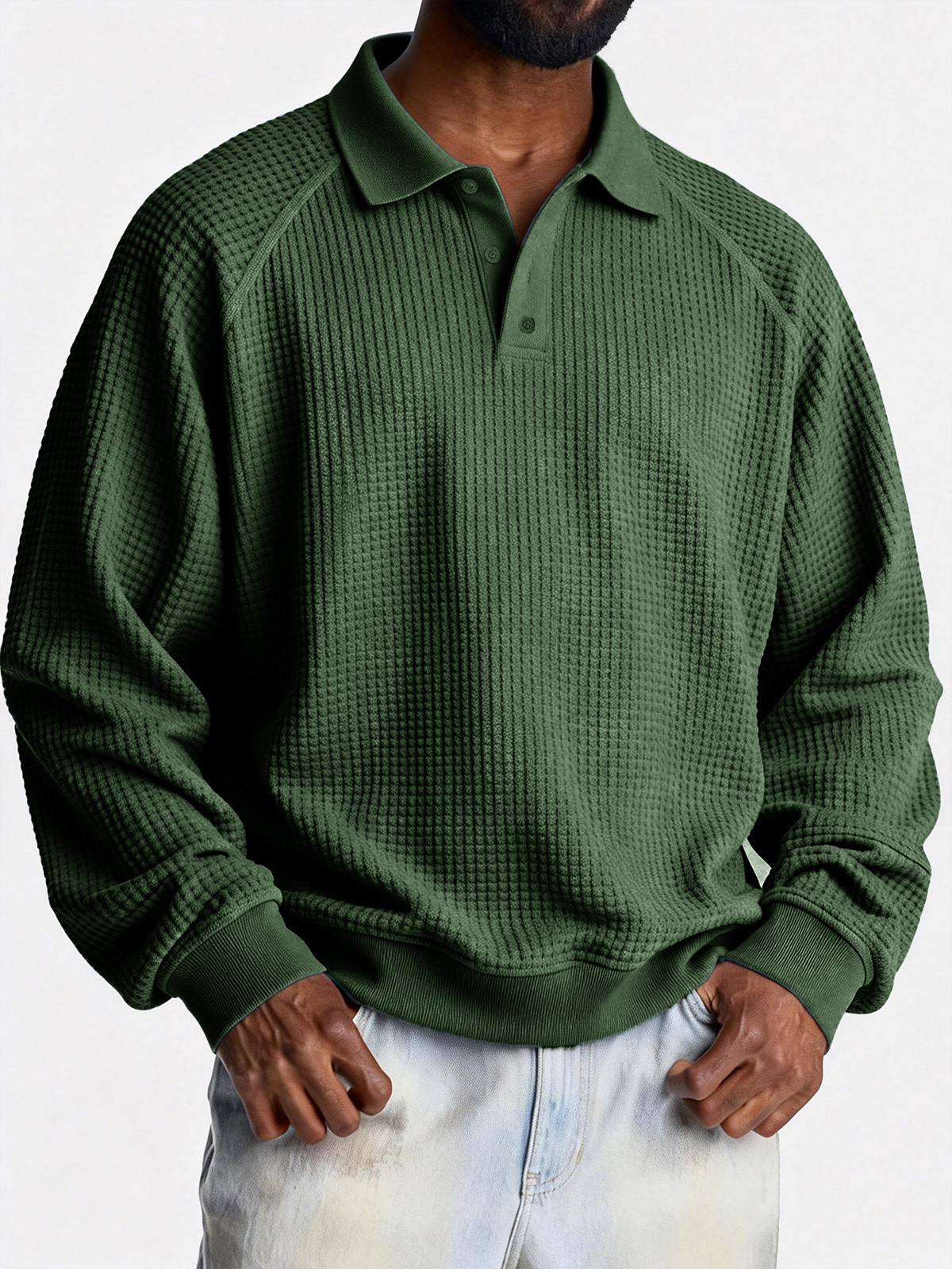 Modisches, lässiges Poloshirt für Herren aus Waffelgewebe mit Raglanärmeln und lockerem Kragen