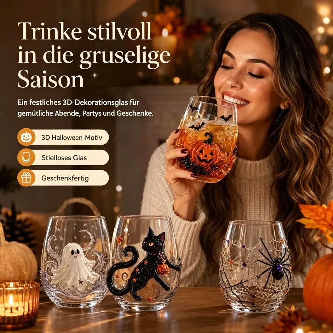 🎃 3D-Halloween-Glaskollektion in Kunsthandwerksqualität | Für magische Halloween-Drinks, auffällige 3D-Details, leuchtende Party-Momente und gemütliches Herbst-Ambiente an der Hausbar