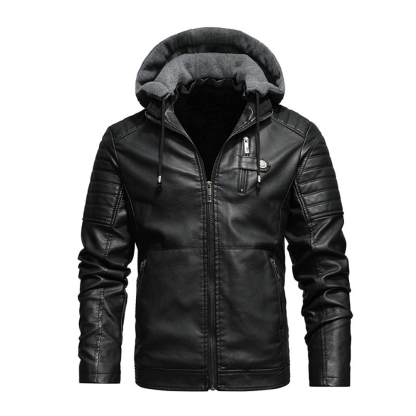  Neue samtwarme Lederjacke mit Kapuze für Herren im Herbst und Winter