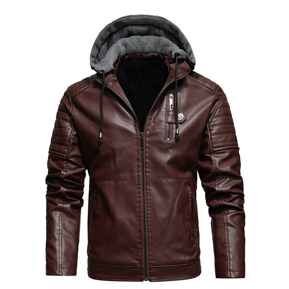  Neue samtwarme Lederjacke mit Kapuze für Herren im Herbst und Winter