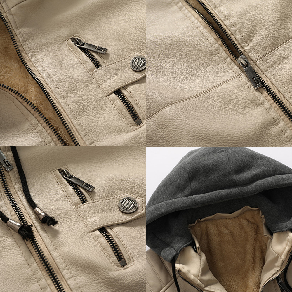  Neue samtwarme Lederjacke mit Kapuze für Herren im Herbst und Winter