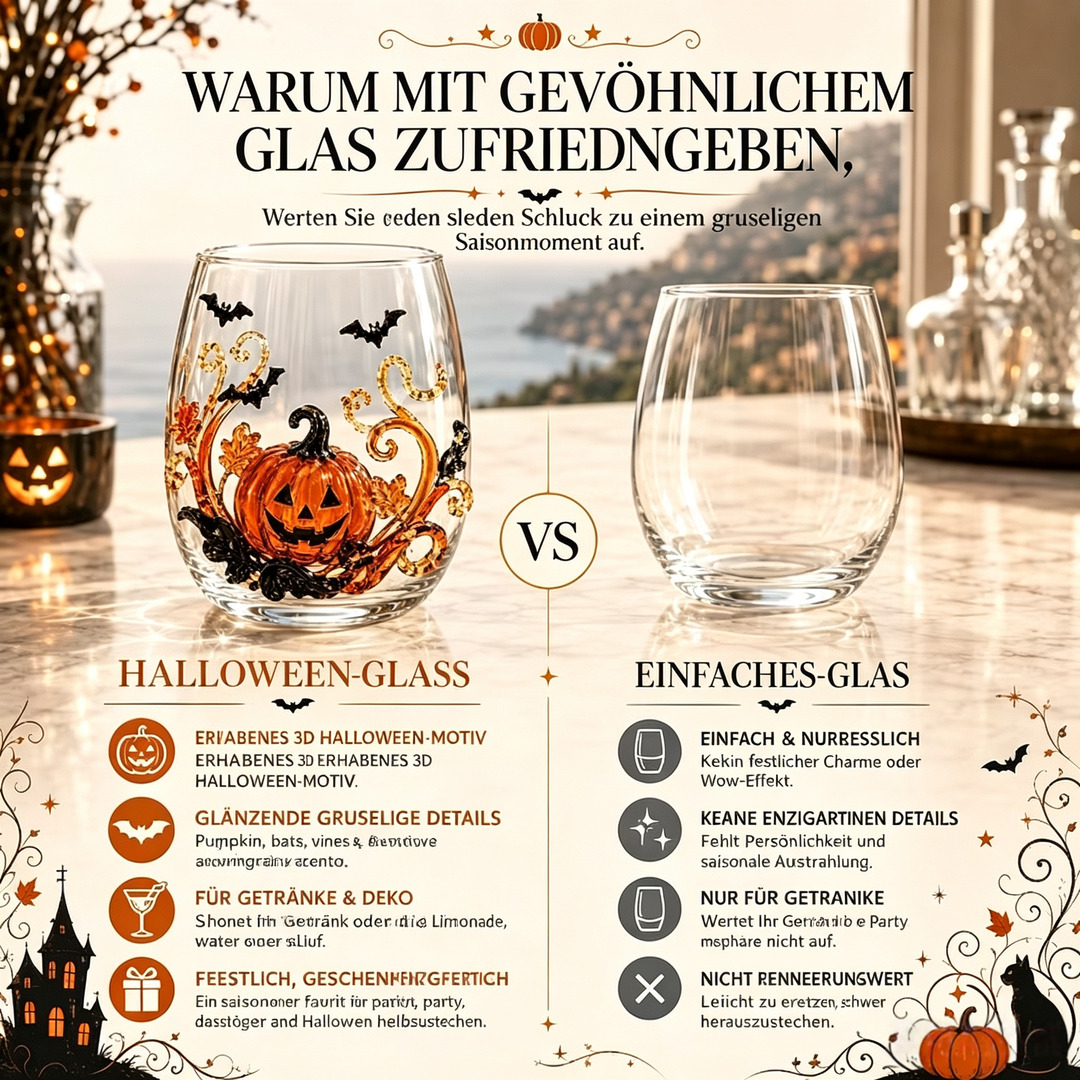 🎃 3D-Halloween-Glaskollektion in Kunsthandwerksqualität | Für magische Halloween-Drinks, auffällige 3D-Details, leuchtende Party-Momente und gemütliches Herbst-Ambiente an der Hausbar