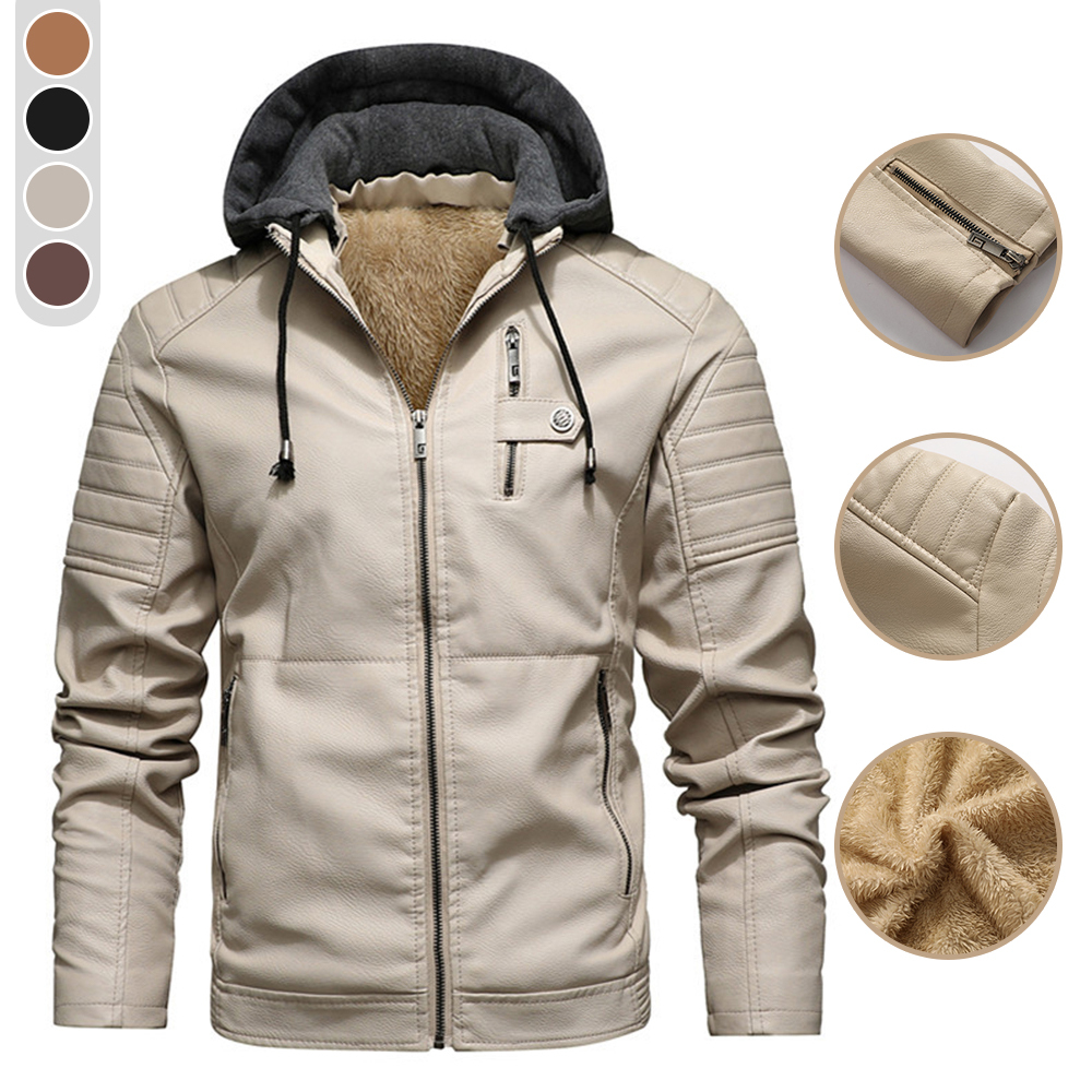  Neue samtwarme Lederjacke mit Kapuze für Herren im Herbst und Winter