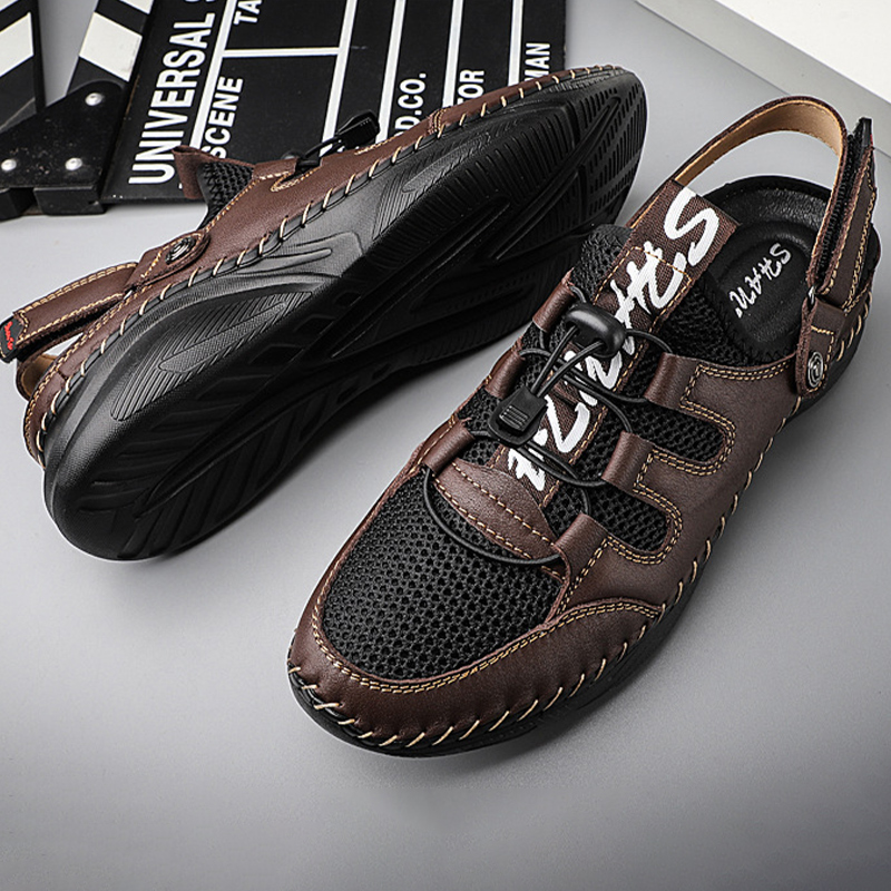 MEN'S OUTDOOR GENUINE LEATHER MESH HALF PACK SANDALS