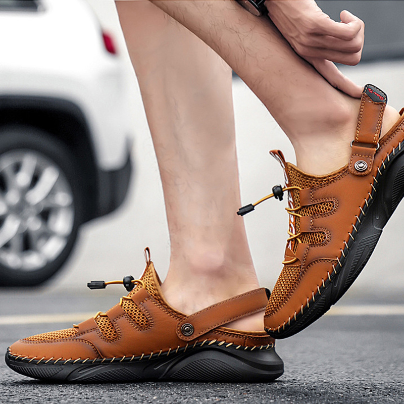 MEN'S OUTDOOR GENUINE LEATHER MESH HALF PACK SANDALS