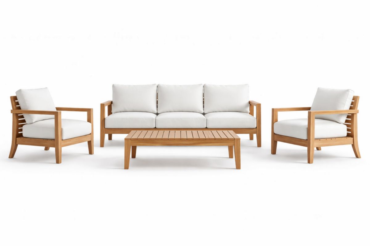 Set salotto in legno teak con cuscini bianchi