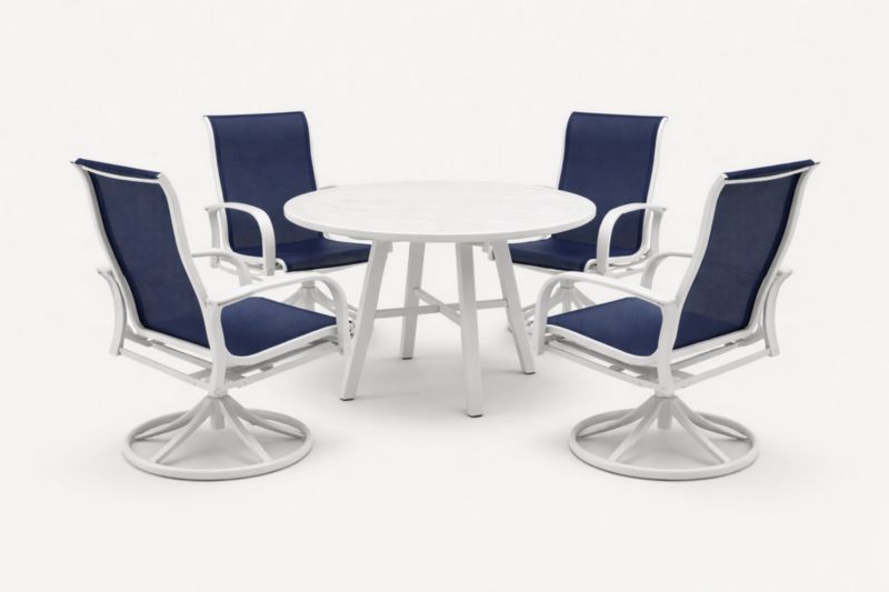 Set Tavolo Rotondo e Sedie Girevoli in Alluminio Bianco e Tessuto Blu