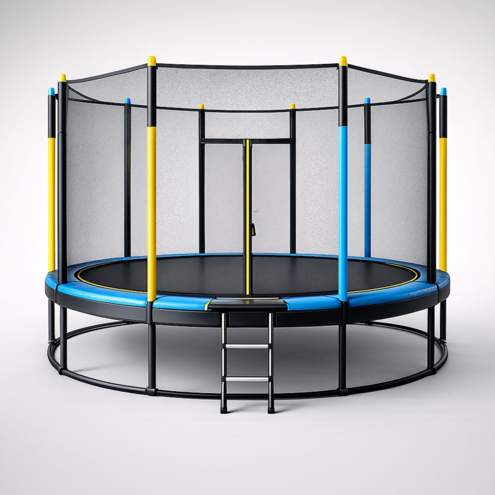 Trampolino Rotondo 305 cm con Rete di Sicurezza e Scala Acciaio Nero/Blu/Giallo