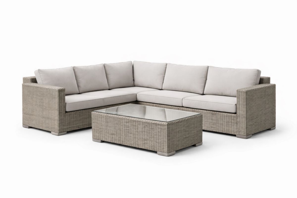 Set Divano Angolare da Giardino in Rattan con Tavolino in Vetro, Grigio Chiaro/Beige
