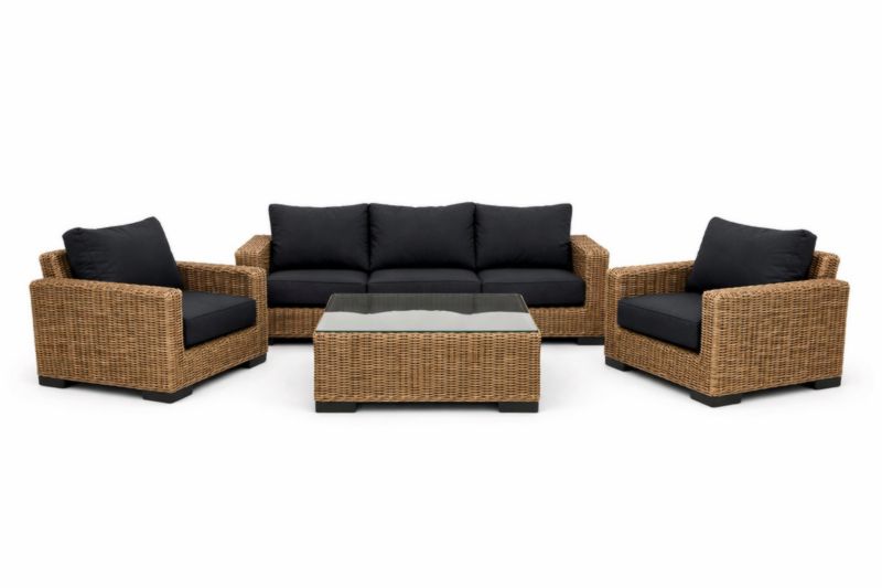 Set Divano da Giardino in Rattan con Cuscini Neri e Tavolo in Vetro