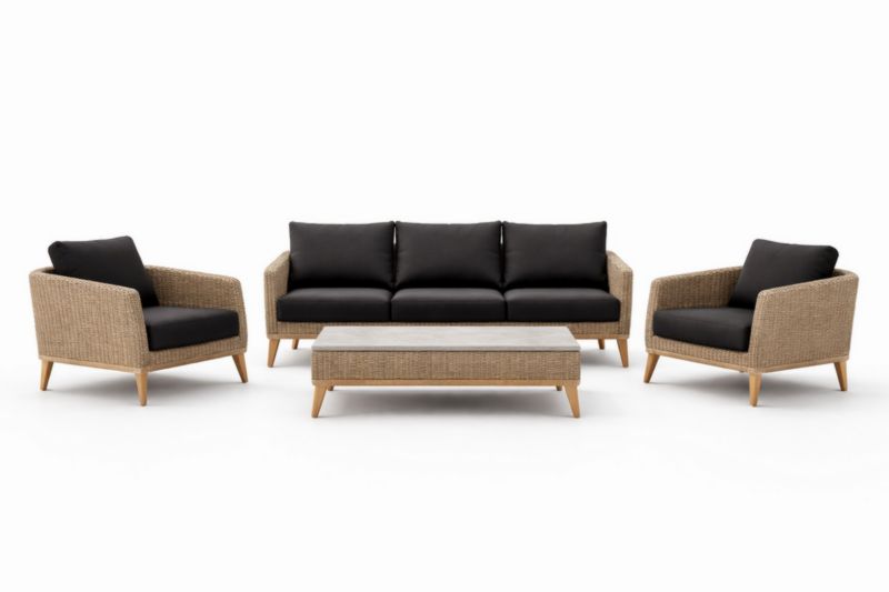 Set Divano da Esterno in Rattan Naturale e Cuscini Neri