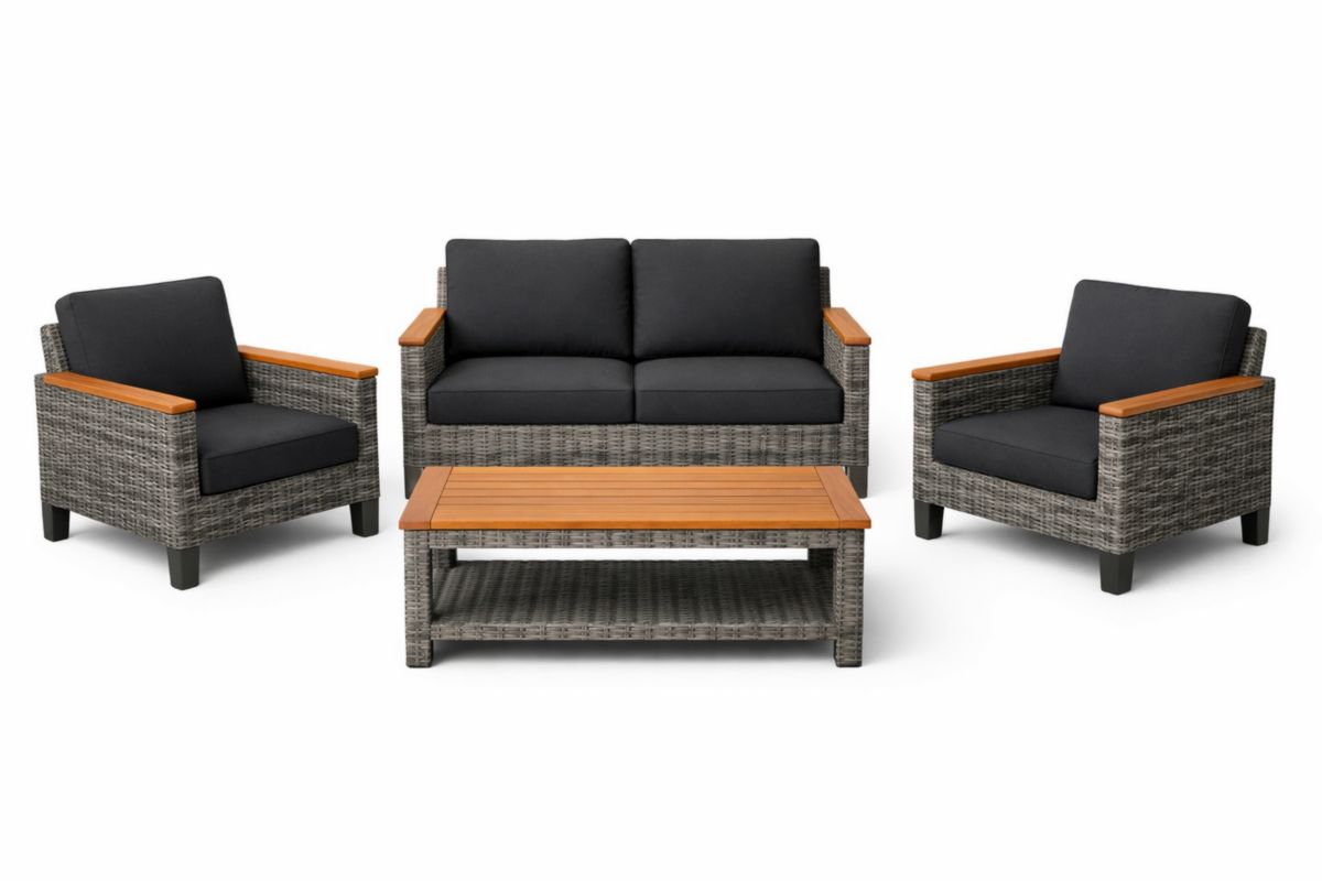 Set giardino in rattan con cuscini grigi e tavolo in legno 3 pezzi