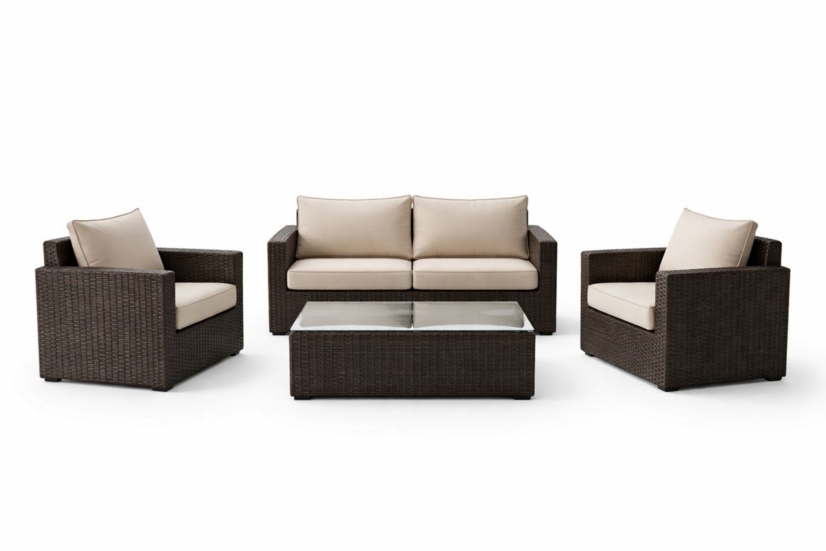 Set da Giardino in Rattan Sintetico con Cuscini in Poliestere e Tavolino in Vetro