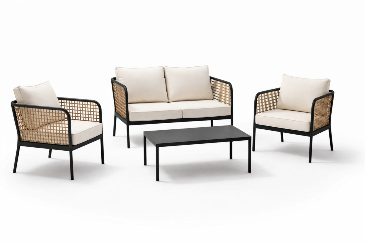 Set da conversazione da giardino in metallo e rattan 4 pezzi beige nero