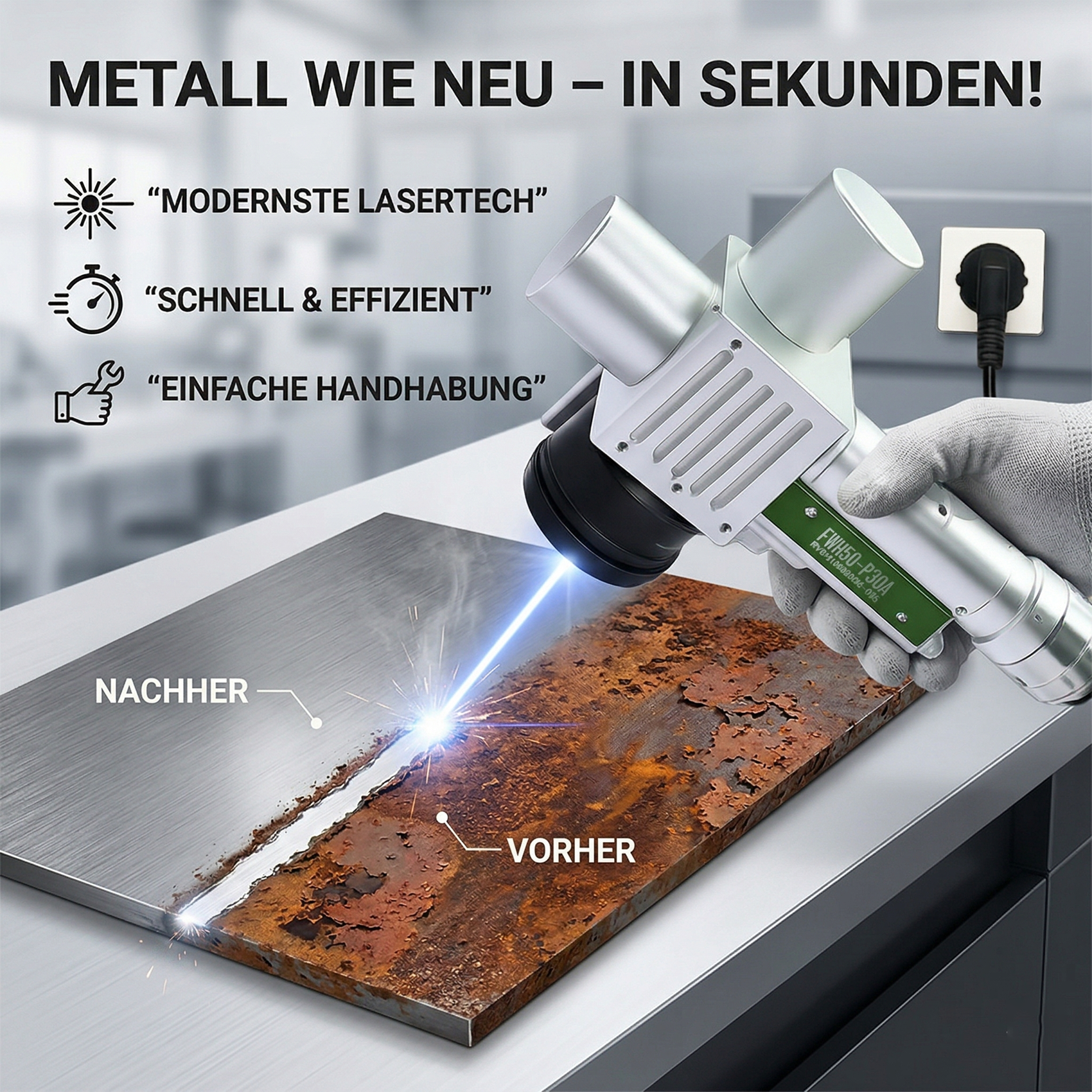 Handgehaltene Pulsenreinigung FWH50-P30A：Unterstützt 11 Reinigungsprogramme und ermöglicht einfaches Umschalten zwischen verschiedenen Prozessen.