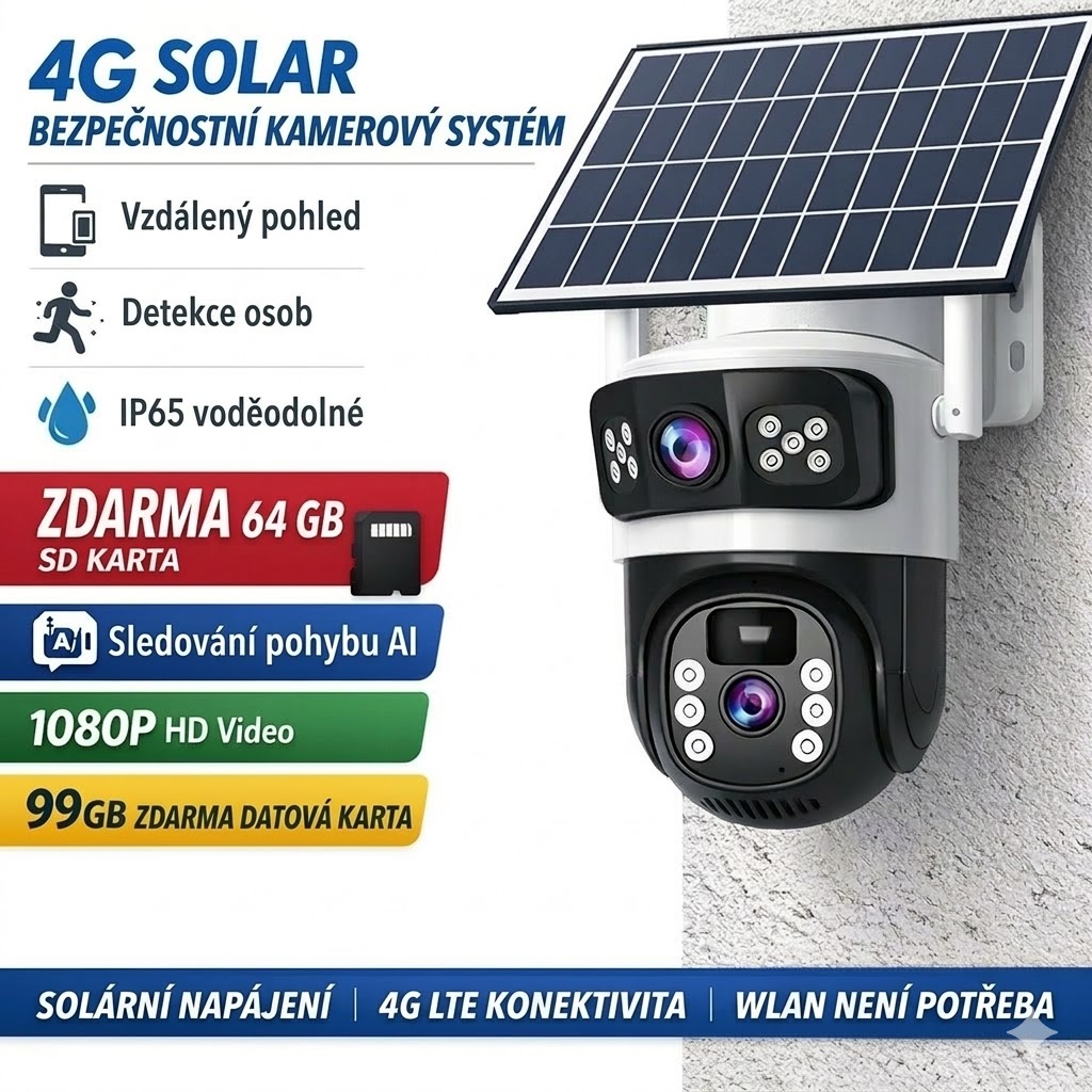 Bezdrátová 4G kamera s vysokým rozlišením, nočním viděním a rozlišením 20 MP, která je napájena solární energií a nevyžaduje žádná data (není potřeba žádný zdroj napájení).