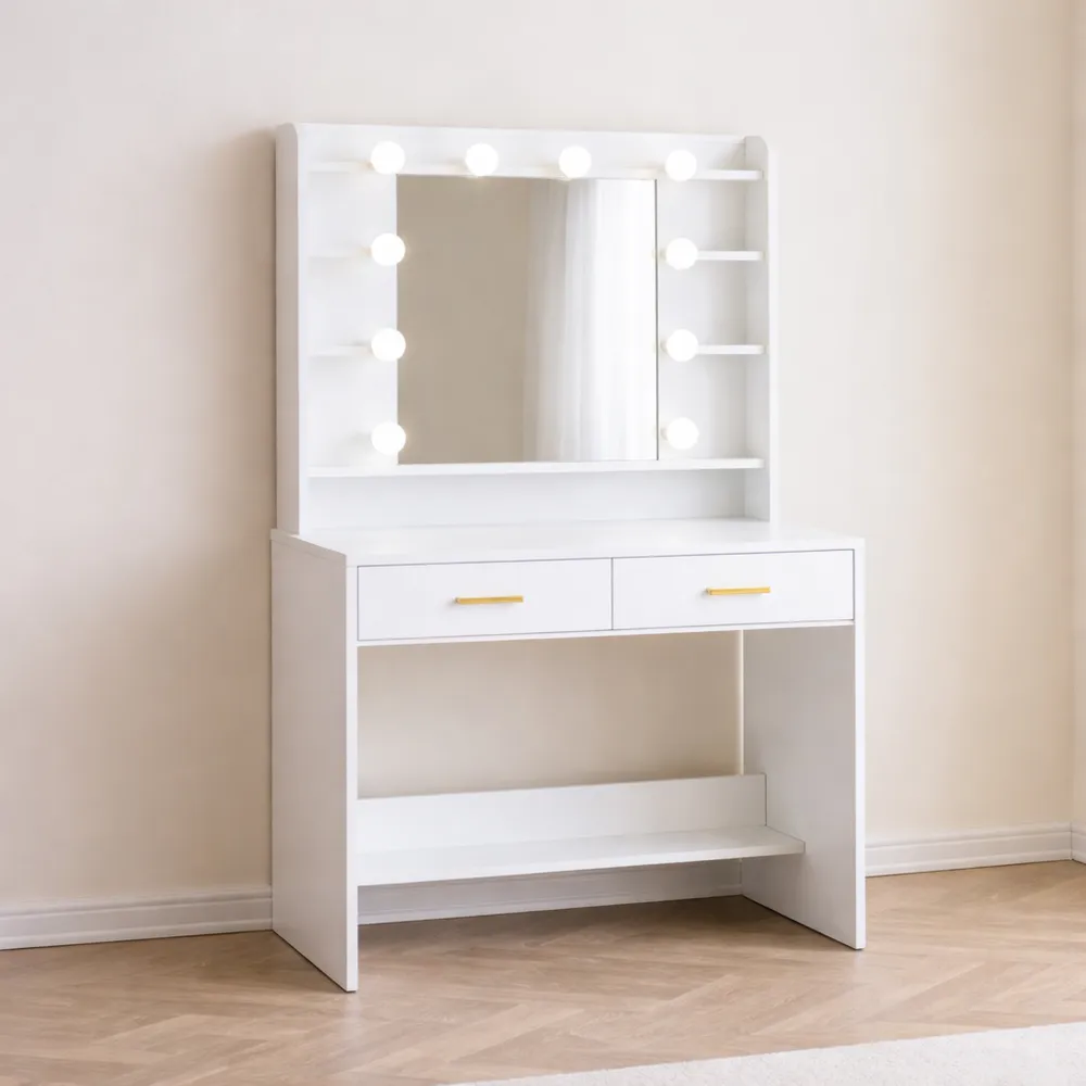 Table de maquillage blanche avec miroir LED réglable et rangement