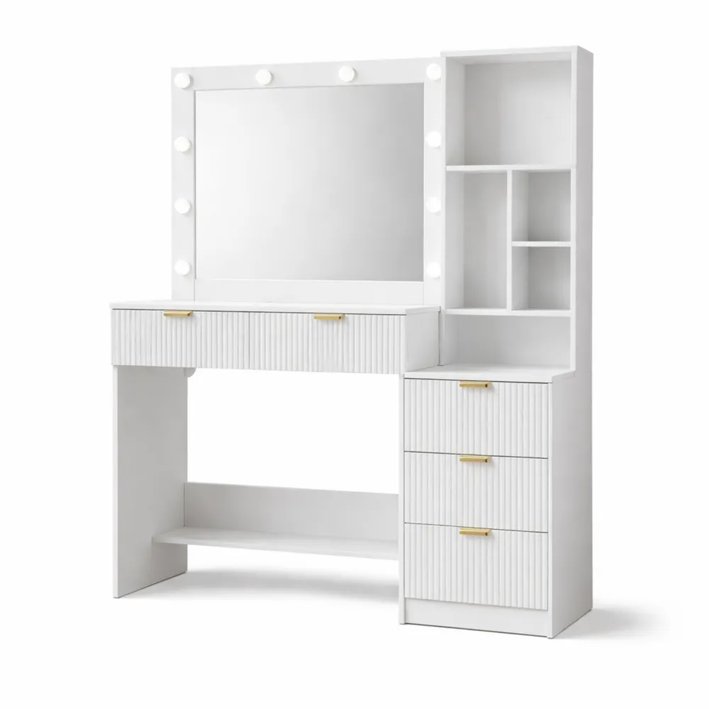 Table de maquillage moderne avec miroir et éclairage LED réglable, 5 tiroirs et étagères ouvertes