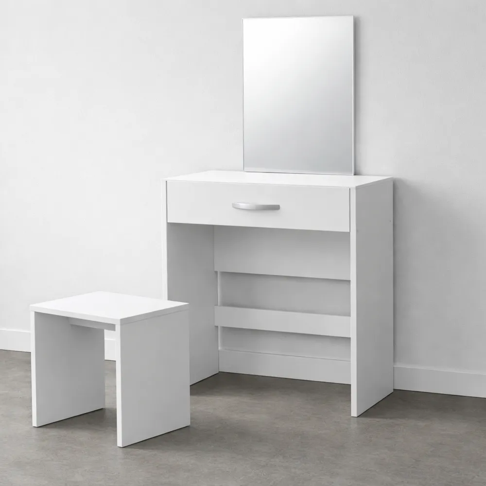 Table de Maquillage avec Tiroir et Tabouret, Panneaux Mélaminés Blancs