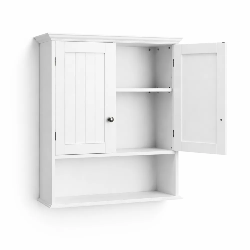 Armoire de Bain Murale, Étagère Réglable et Compartiment Ouvert, 2 Portes, Blanche