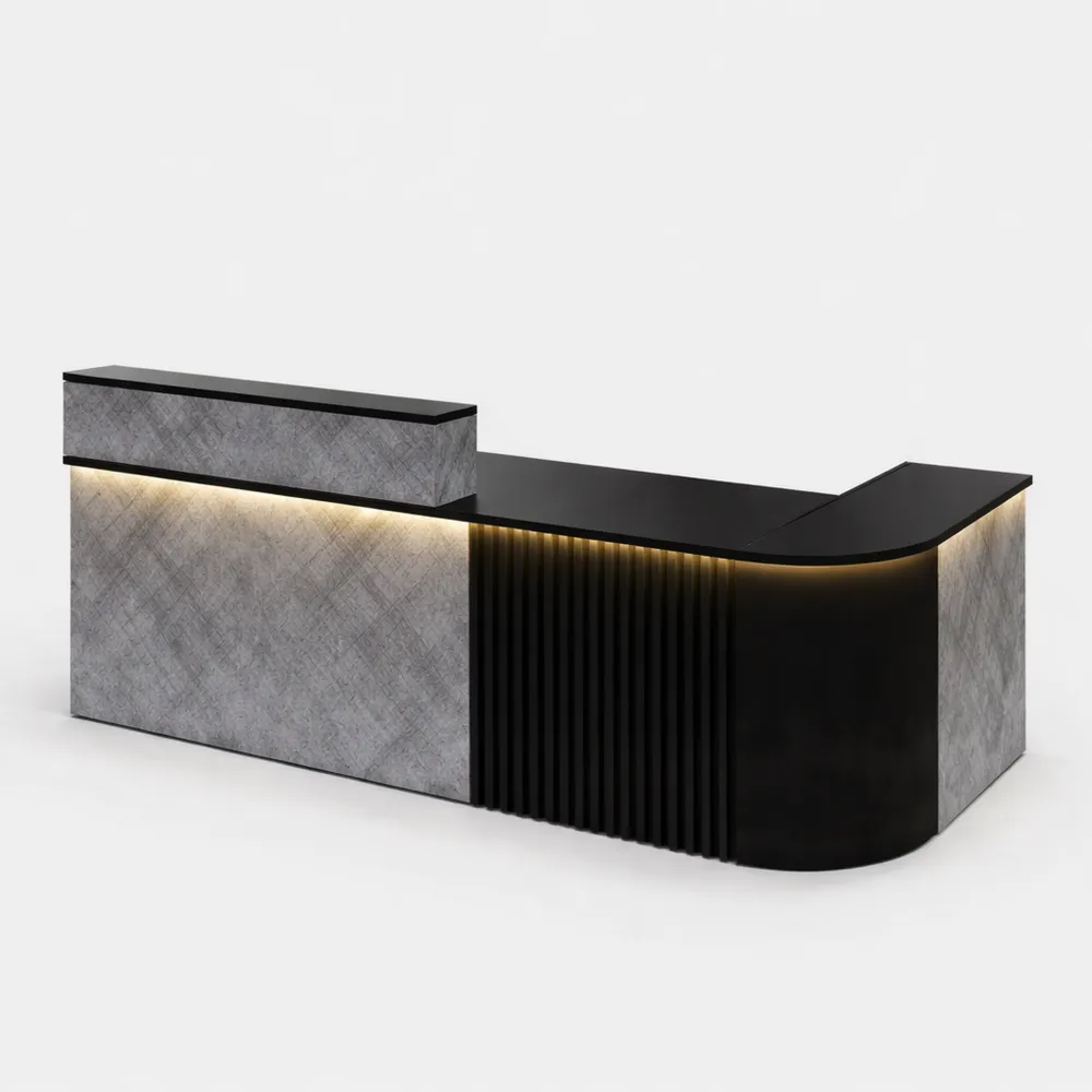 Comptoir d'accueil moderne avec rangement et éclairage LED, texture grise et noire, 140 x 60 x 100 cm, idéal pour espaces de vente