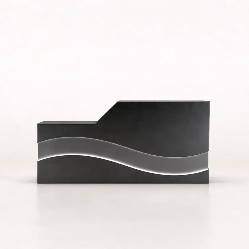 Comptoir d'accueil noir avec tiroir verrouillable et plateau clavier, idéal pour bureau ou hall
